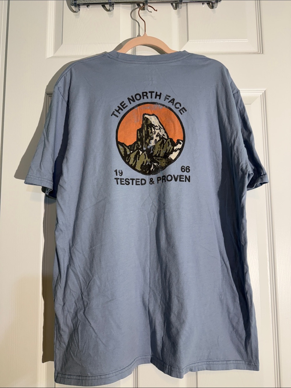 The North Face Men's Short-Sleeve Graphic Tee - Light Blue with Orange Accent